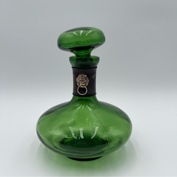 Vintage Green Glass Decanter Leather Lion Head Wrap MCM *READ* - Picture 1 of 11